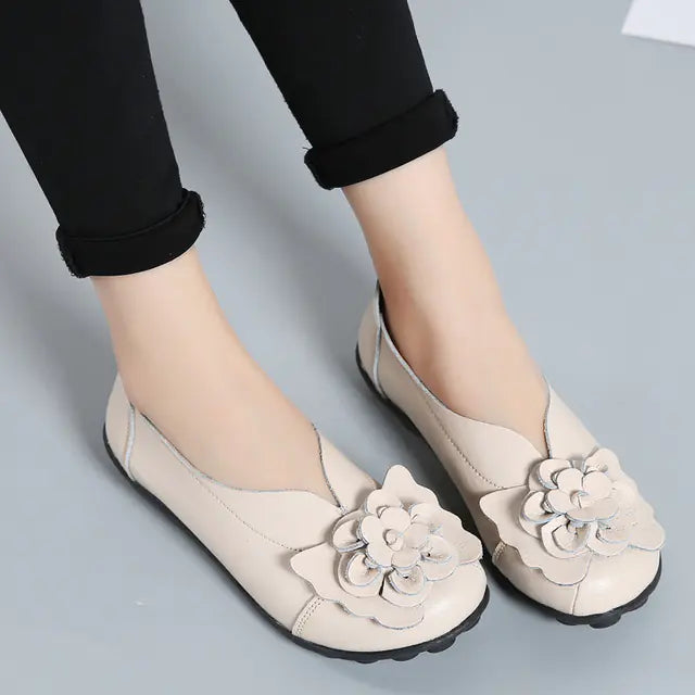 Women's Leather Flower Casual Ballet Flat Shoes