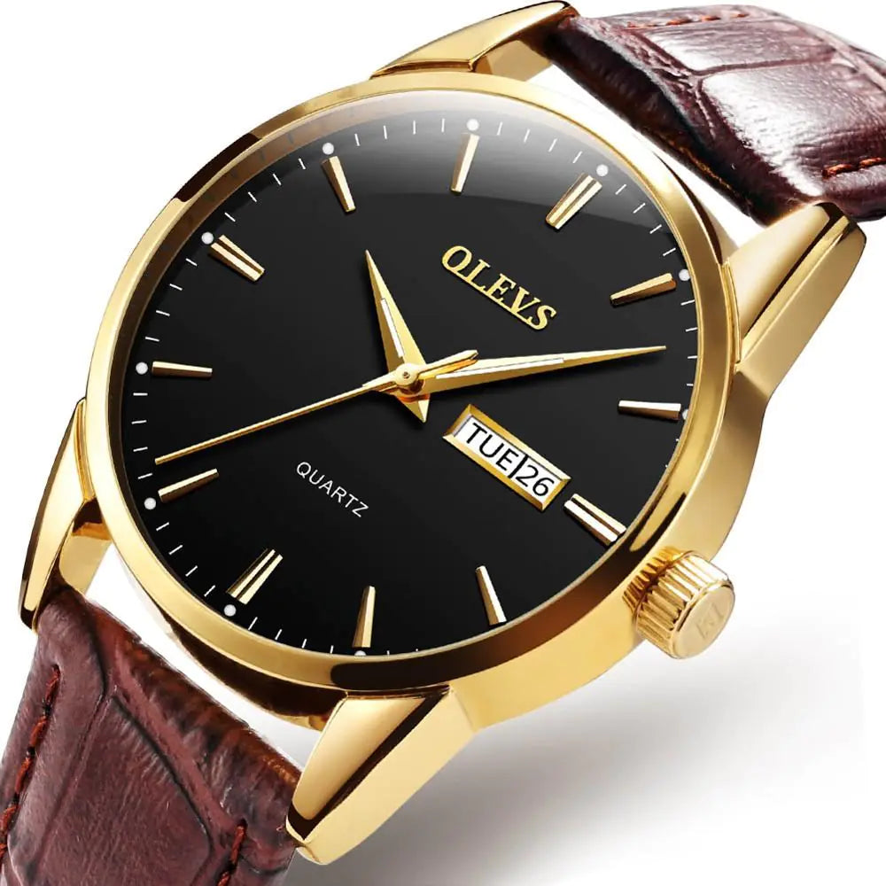 Gold Quartz Couple Watch - Men's Mechanical Dual Calendar with black dial and brown leather strap, perfect for formal settings.