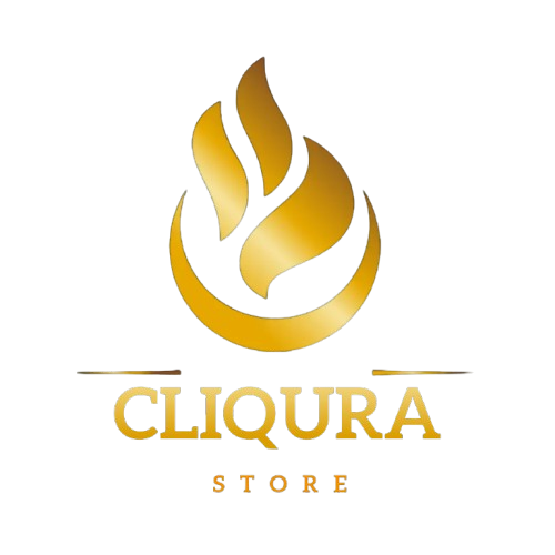 Logo of Cliqura Store featuring a golden flame-like abstract design above the stylized text 'CLIQURA' in uppercase gold letters, with the word 'STORE' in smaller gold letters below, all on a transparent background.