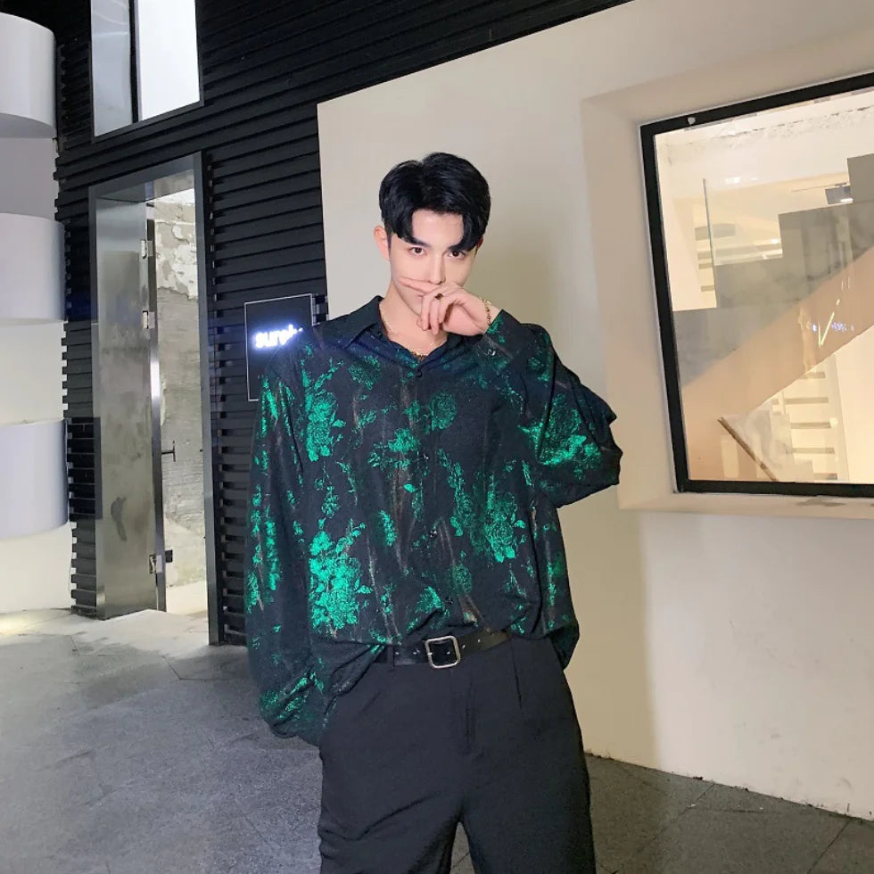 Oversized Shiny Print Long Sleeve Shirt for Men