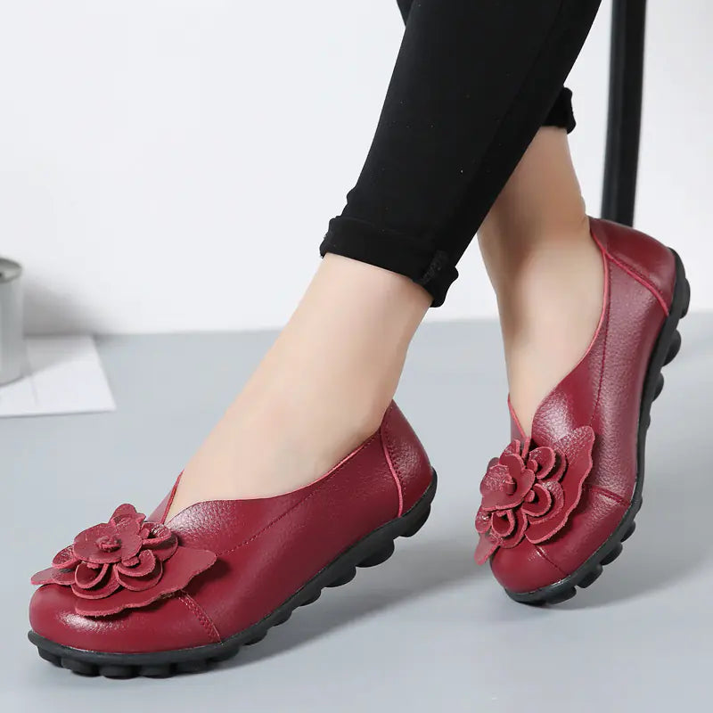 Women's Leather Flower Casual Ballet Flat Shoes