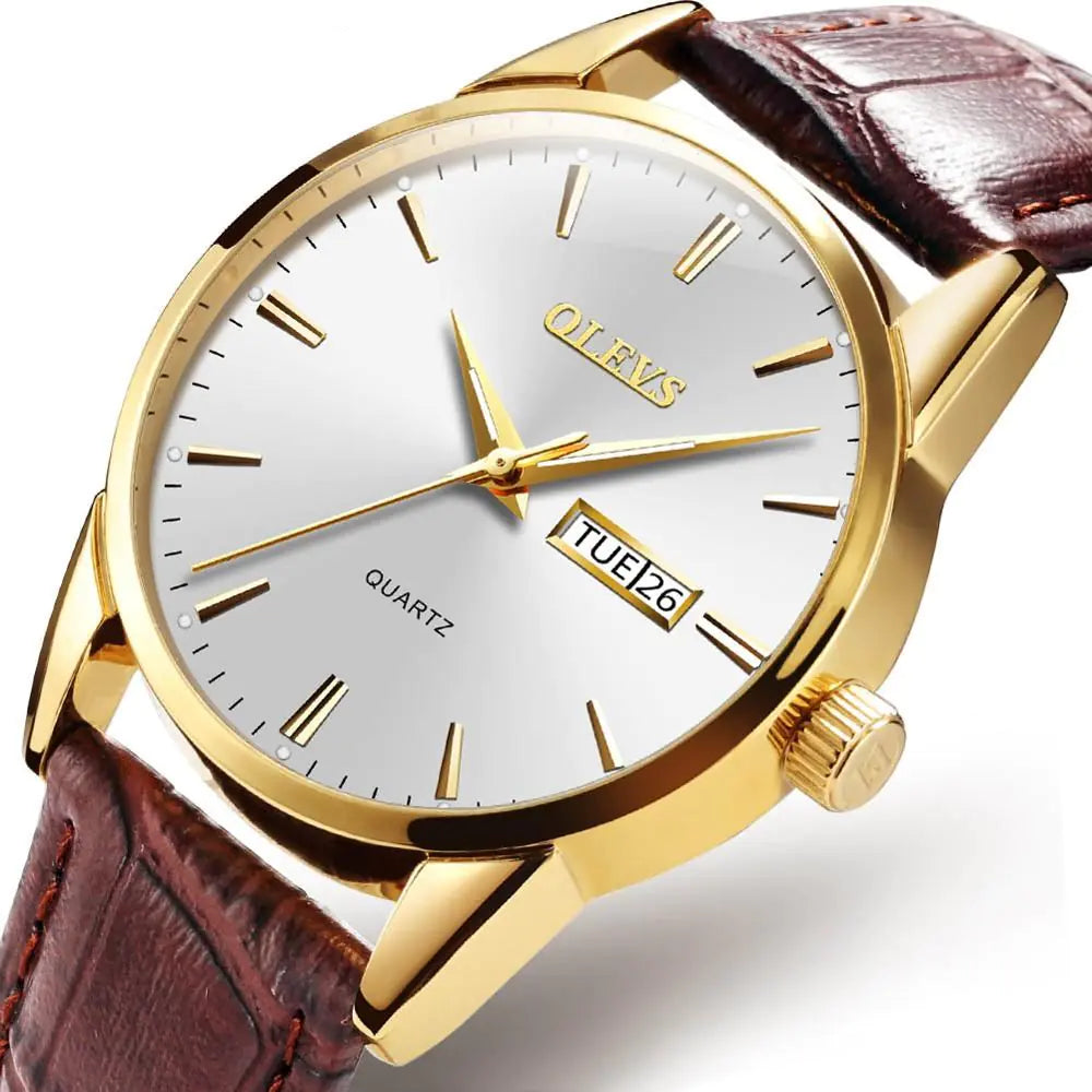 Gold Quartz Couple Watch - Men's Mechanical Dual Calendar featuring a white dial and brown leather strap for a classic look.