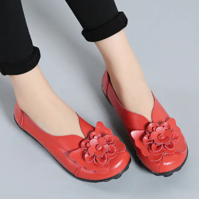 Women's Leather Flower Casual Ballet Flat Shoes