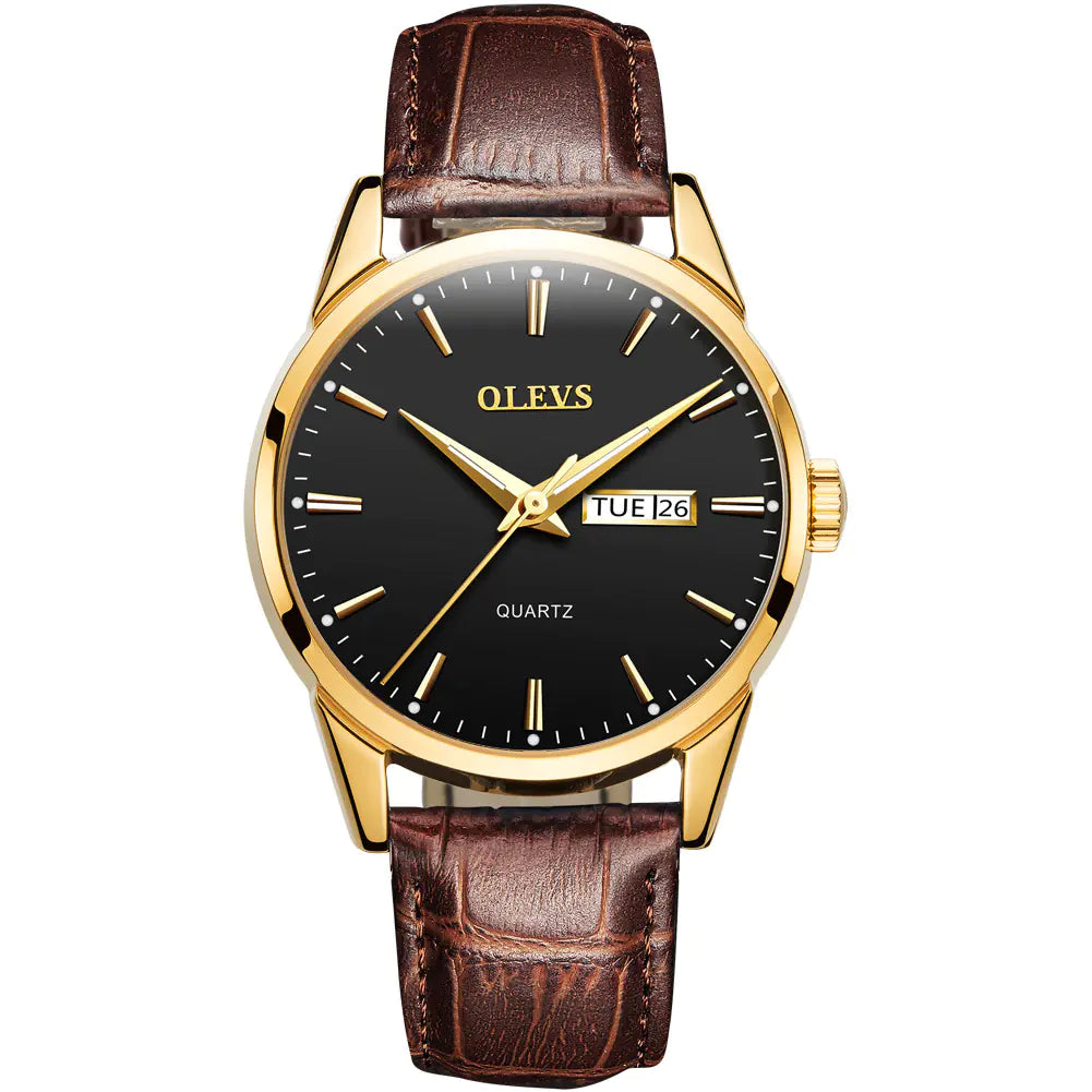 Gold-tone Quartz Couple Watch - Men's Mechanical Dual Calendar with black dial and brown leather strap, ideal for elegant occasions.