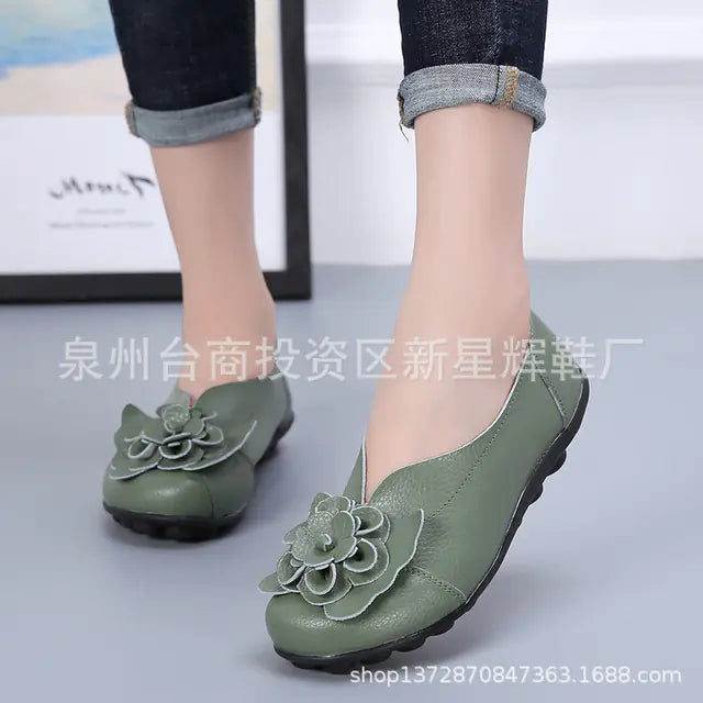Women's Leather Flower Casual Ballet Flat Shoes