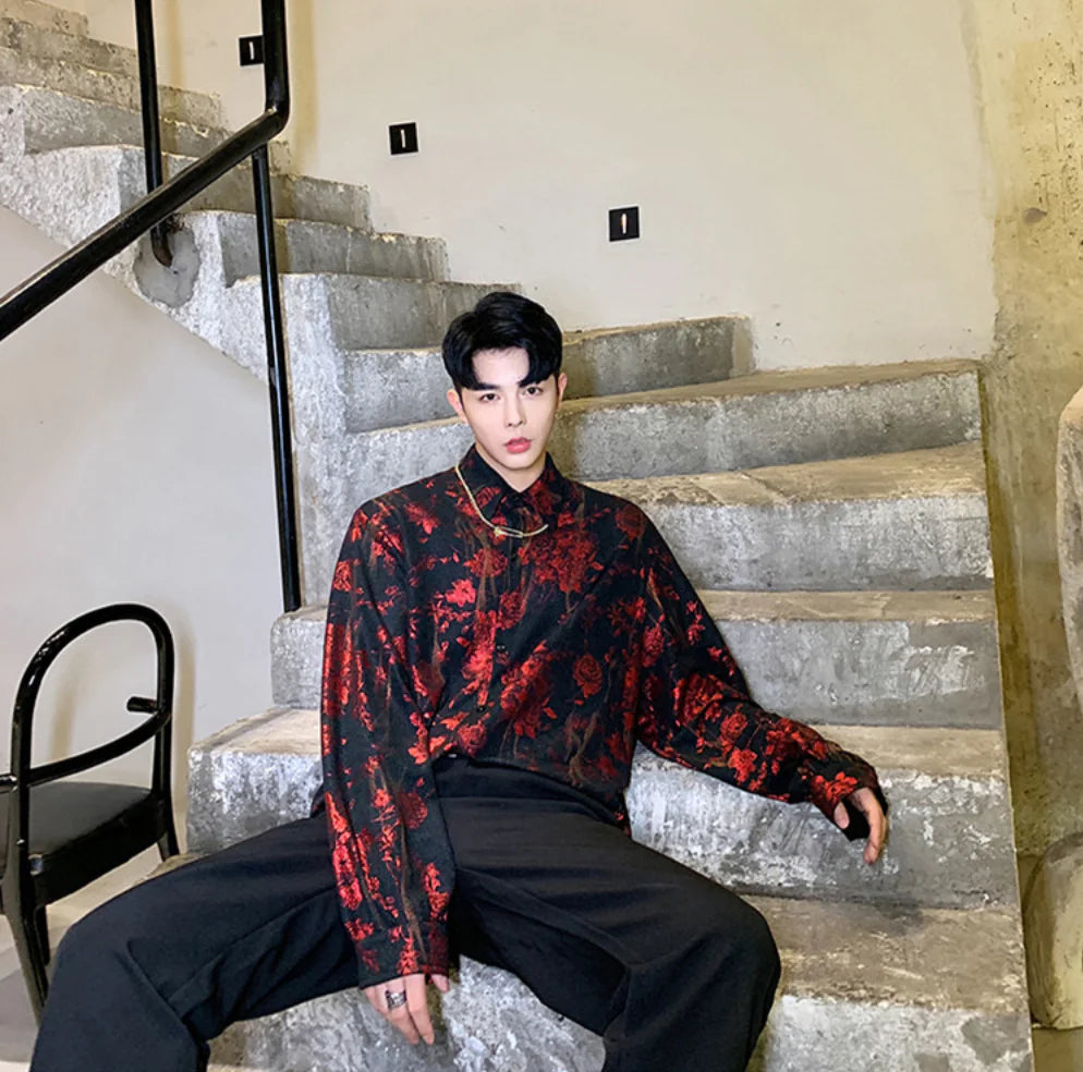 Oversized Shiny Print Long Sleeve Shirt for Men