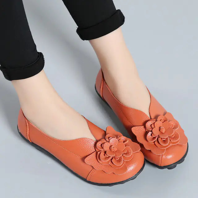 Women's Leather Flower Casual Ballet Flat Shoes