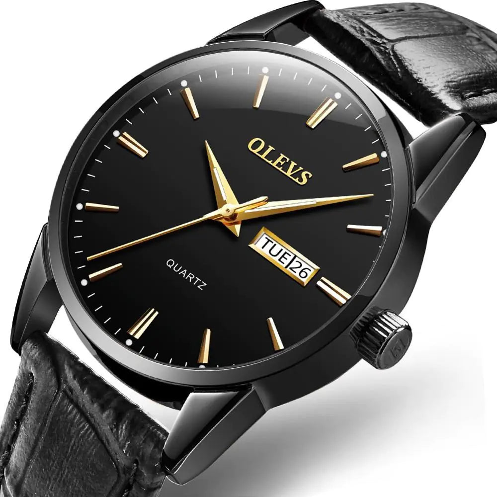 Sleek Quartz Couple Watch - Men's Mechanical Dual Calendar with black dial, black case, and leather strap for a bold, modern look.