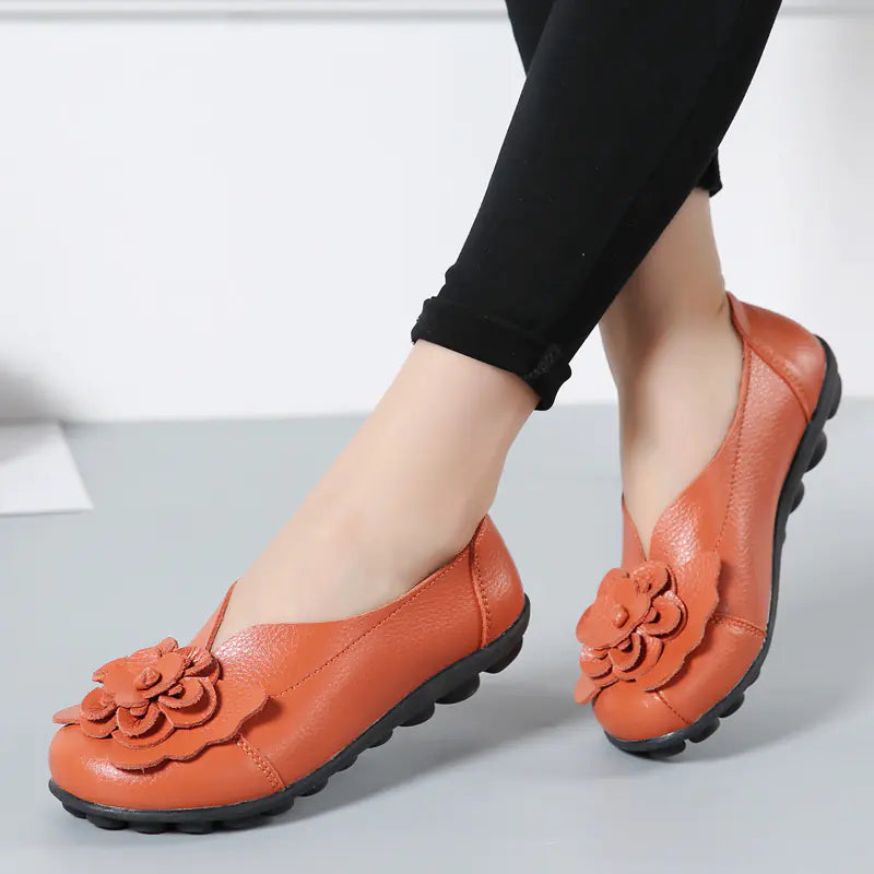 Women's Leather Flower Casual Ballet Flat Shoes
