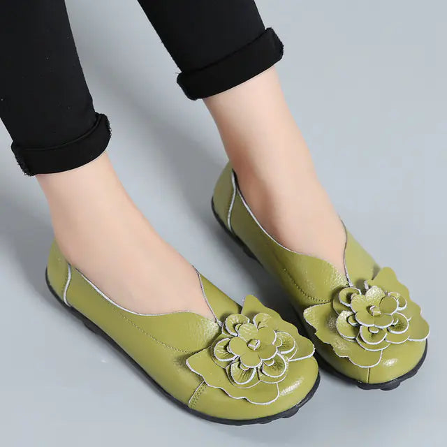 Women's Leather Flower Casual Ballet Flat Shoes