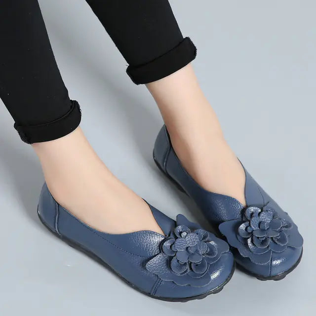 Women's Leather Flower Casual Ballet Flat Shoes