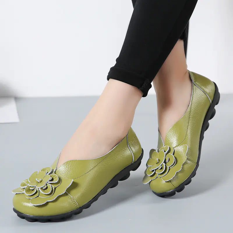 Women's Leather Flower Casual Ballet Flat Shoes