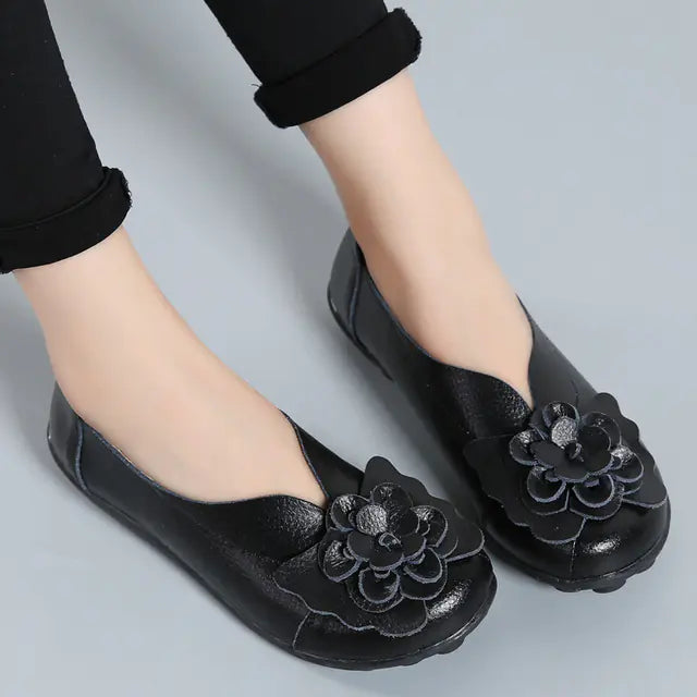 Women's Leather Flower Casual Ballet Flat Shoes