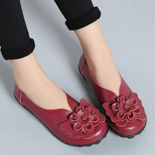 Women's Leather Flower Casual Ballet Flat Shoes