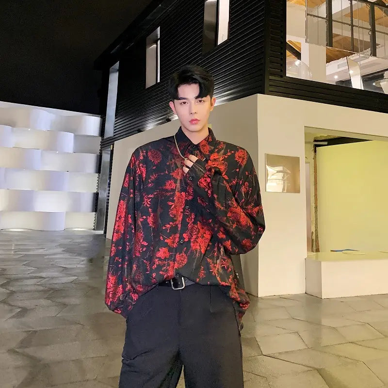 Oversized Shiny Print Long Sleeve Shirt for Men