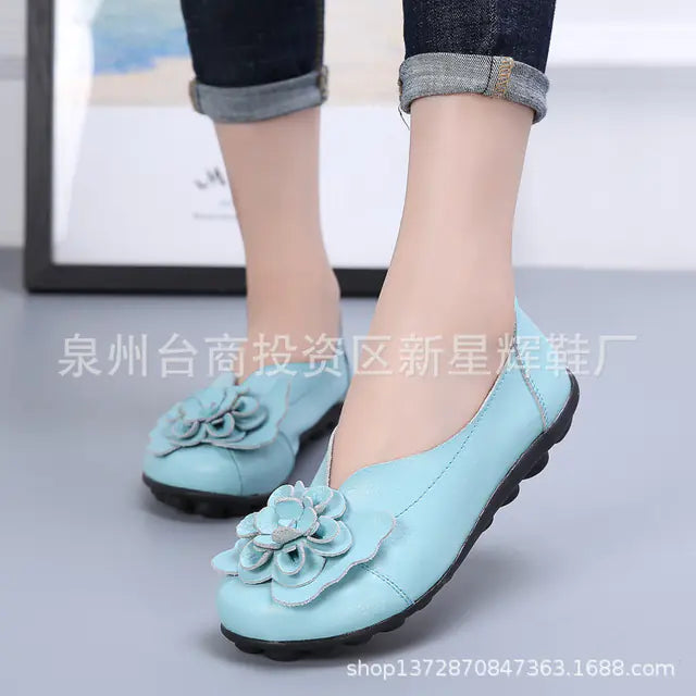 Women's Leather Flower Casual Ballet Flat Shoes