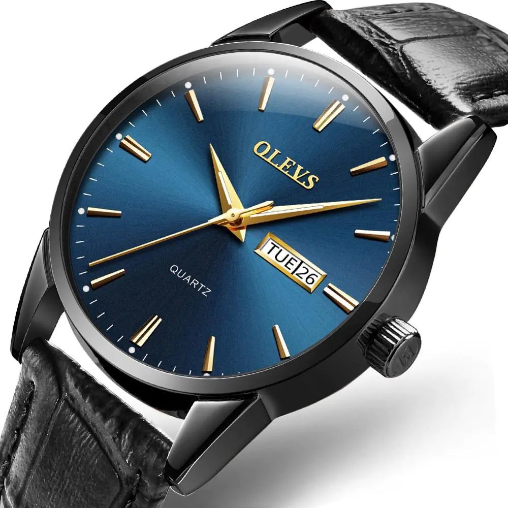 Men's Mechanical Dual Calendar Quartz Watch with blue dial, black leather strap, and gold-tone hands for a modern style.