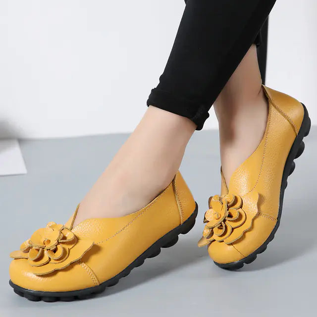 Women's Leather Flower Casual Ballet Flat Shoes