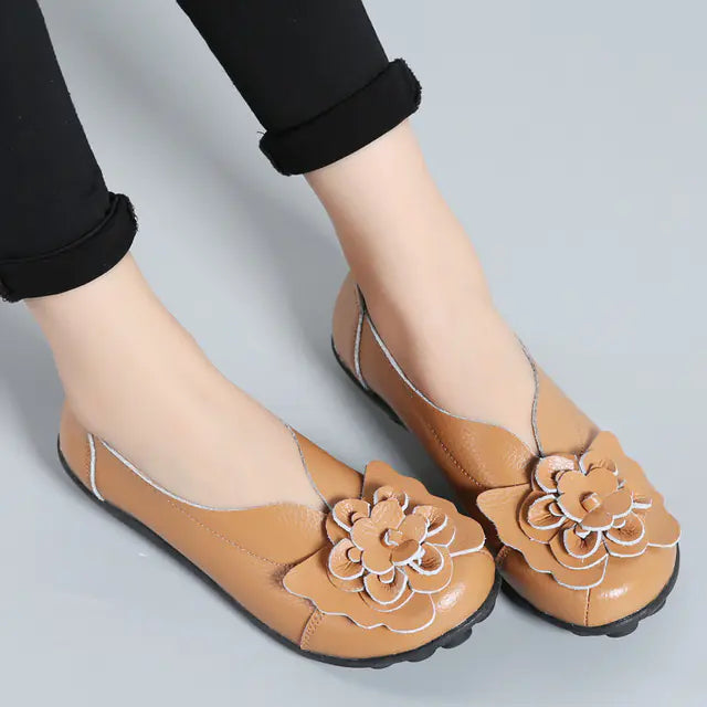 Women's Leather Flower Casual Ballet Flat Shoes