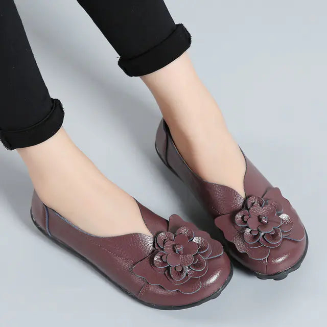 Women's Leather Flower Casual Ballet Flat Shoes