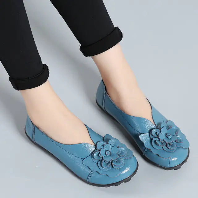 Women's Leather Flower Casual Ballet Flat Shoes