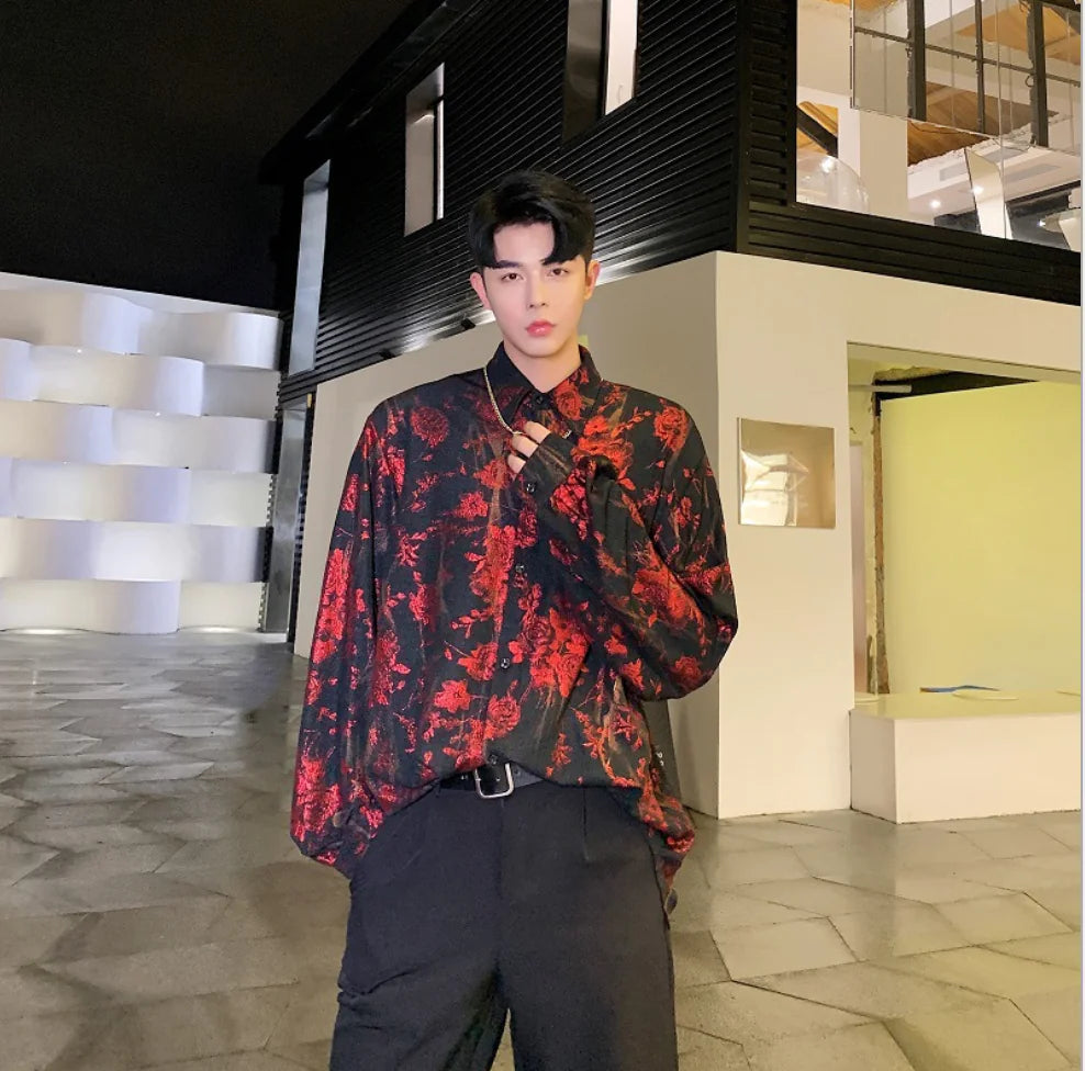 Oversized Shiny Print Long Sleeve Shirt for Men