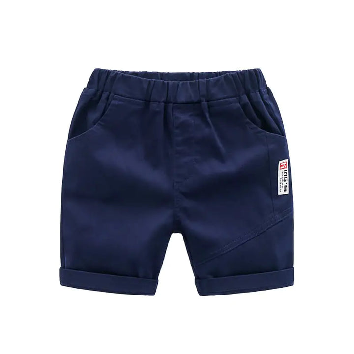 Dark navy blue kids' casual summer shorts with rolled cuffs and side pockets, ideal for playful summer days.