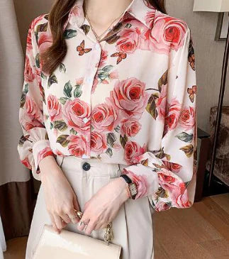 Rose Floral Print Puff Sleeve Chiffon Button Shirt featuring pink and red roses, long puff sleeves, and a collared neckline, styled for office wear.