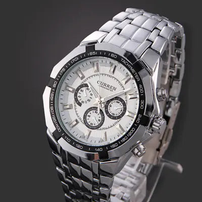 CURREN 8084 Men's Business Quartz Steel Watch with silver band and white dial, featuring chronograph subdials and tachymeter bezel.