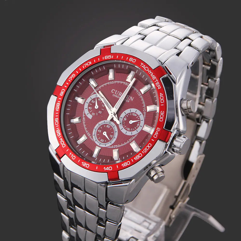 CURREN 8084 Men's Business Quartz Steel Watch with red dial and bezel, silver stainless steel bracelet, and detailed chronograph features.