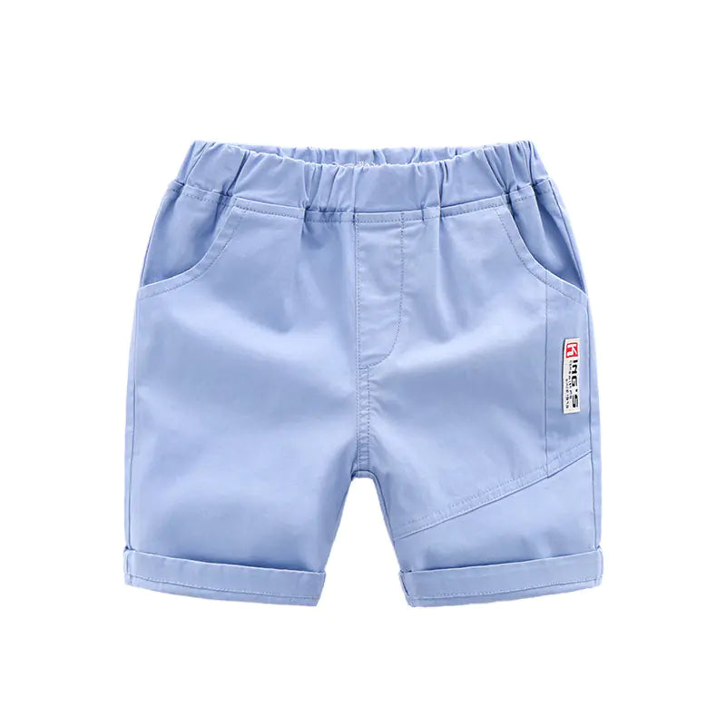 Light blue kids' summer casual pants with elastic waist and rolled hems, ideal for ages 3 to 8 for everyday comfort.