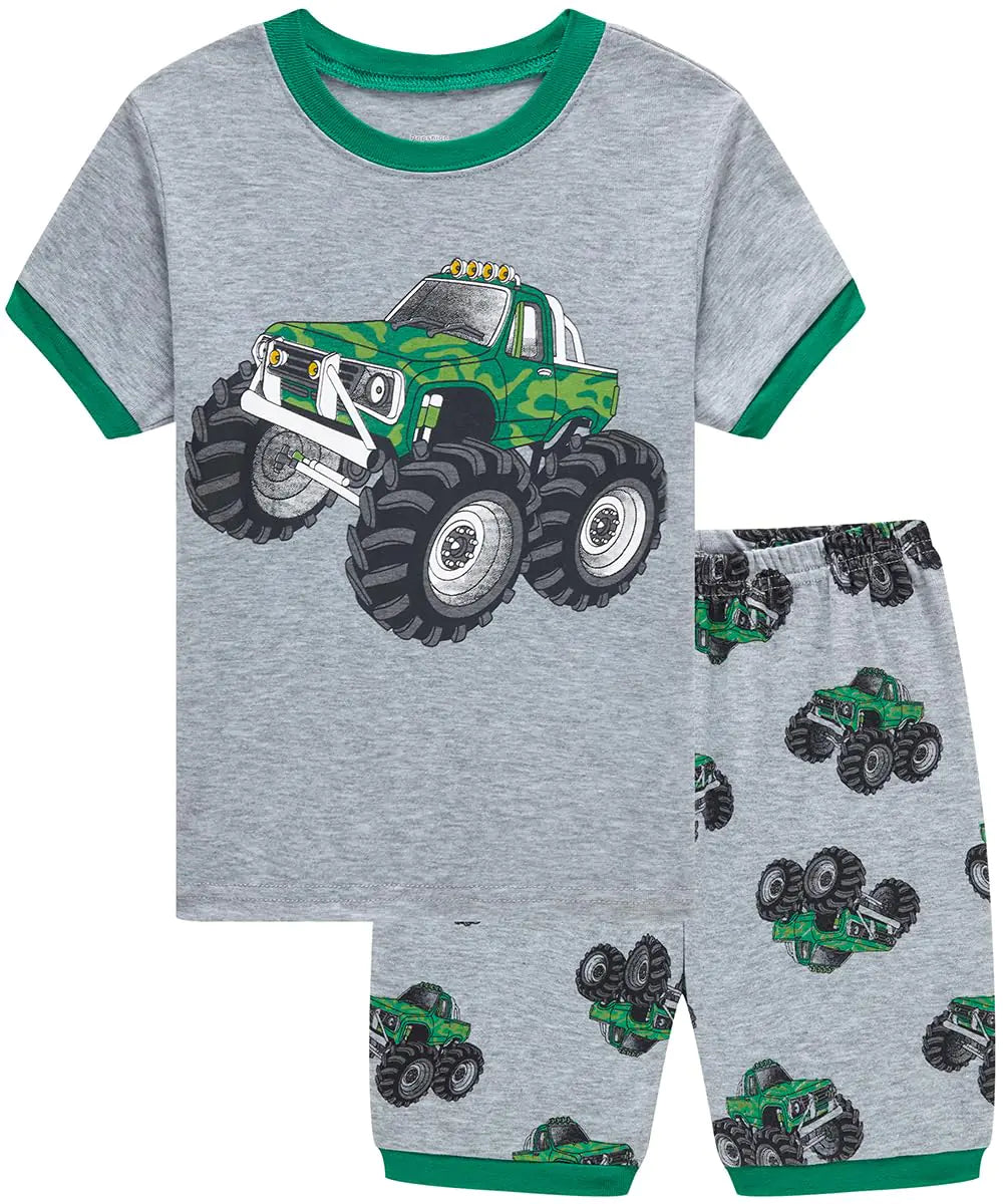 Popshion little boys pajamas short set with green monster truck print, 100% cotton summer sleepwear for toddlers, size 8T.