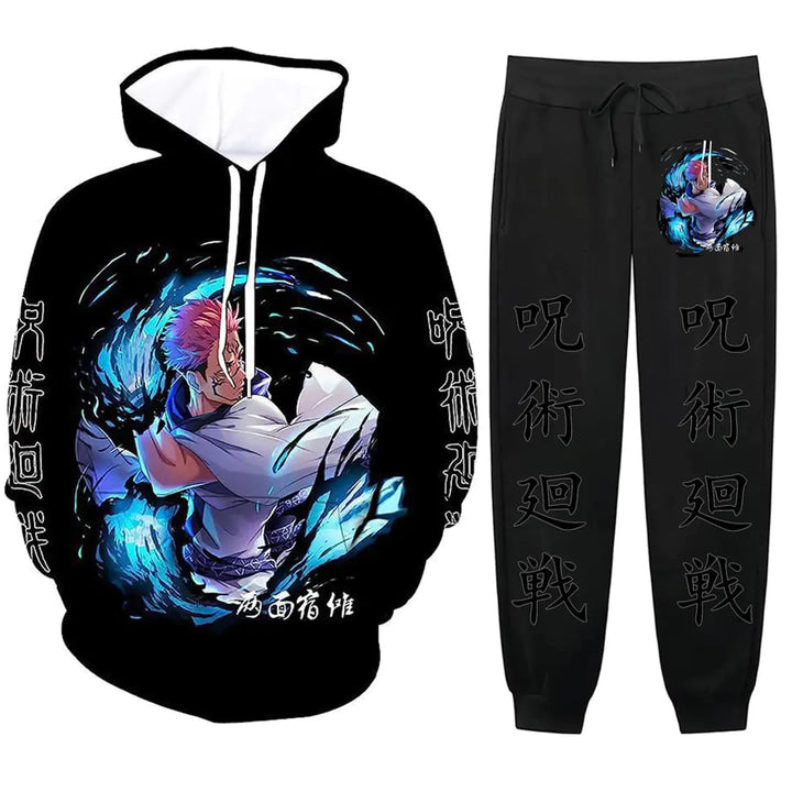 CAVTPME Anime Hoodie And Pant Set 08 features a bold 3D anime character print on a black fleece-lined hoodie and matching sweatpants with Japanese text.