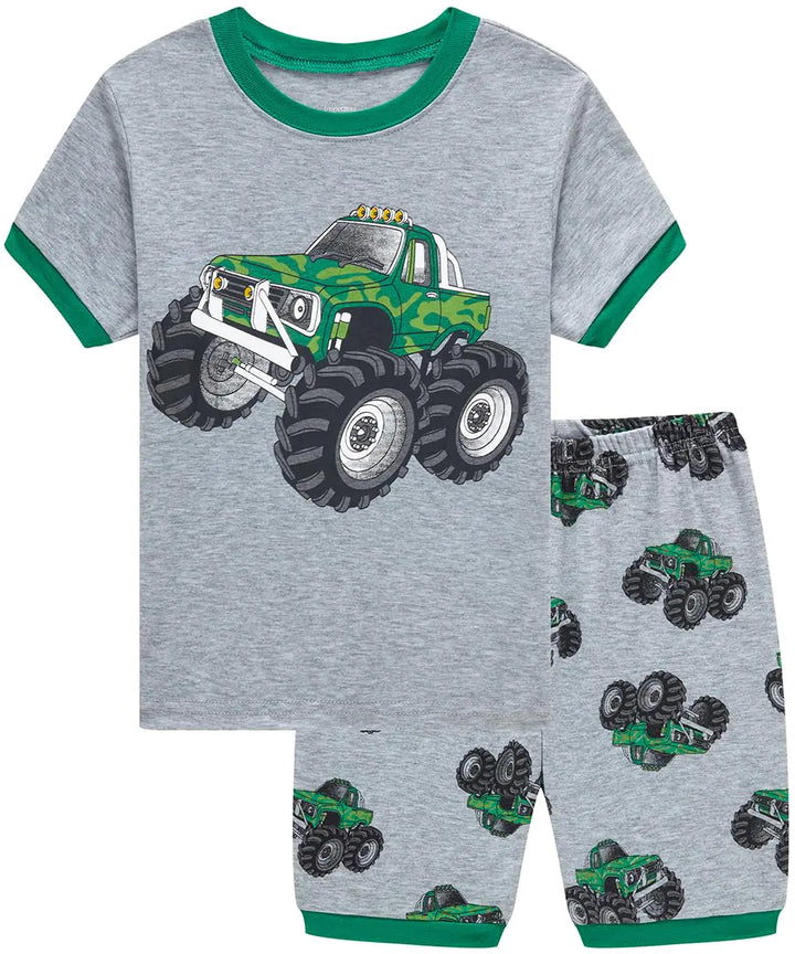 Toddler boys cotton pajama set by Popshion featuring cartoon green monster trucks on grey short-sleeve top and matching shorts, size 8T.