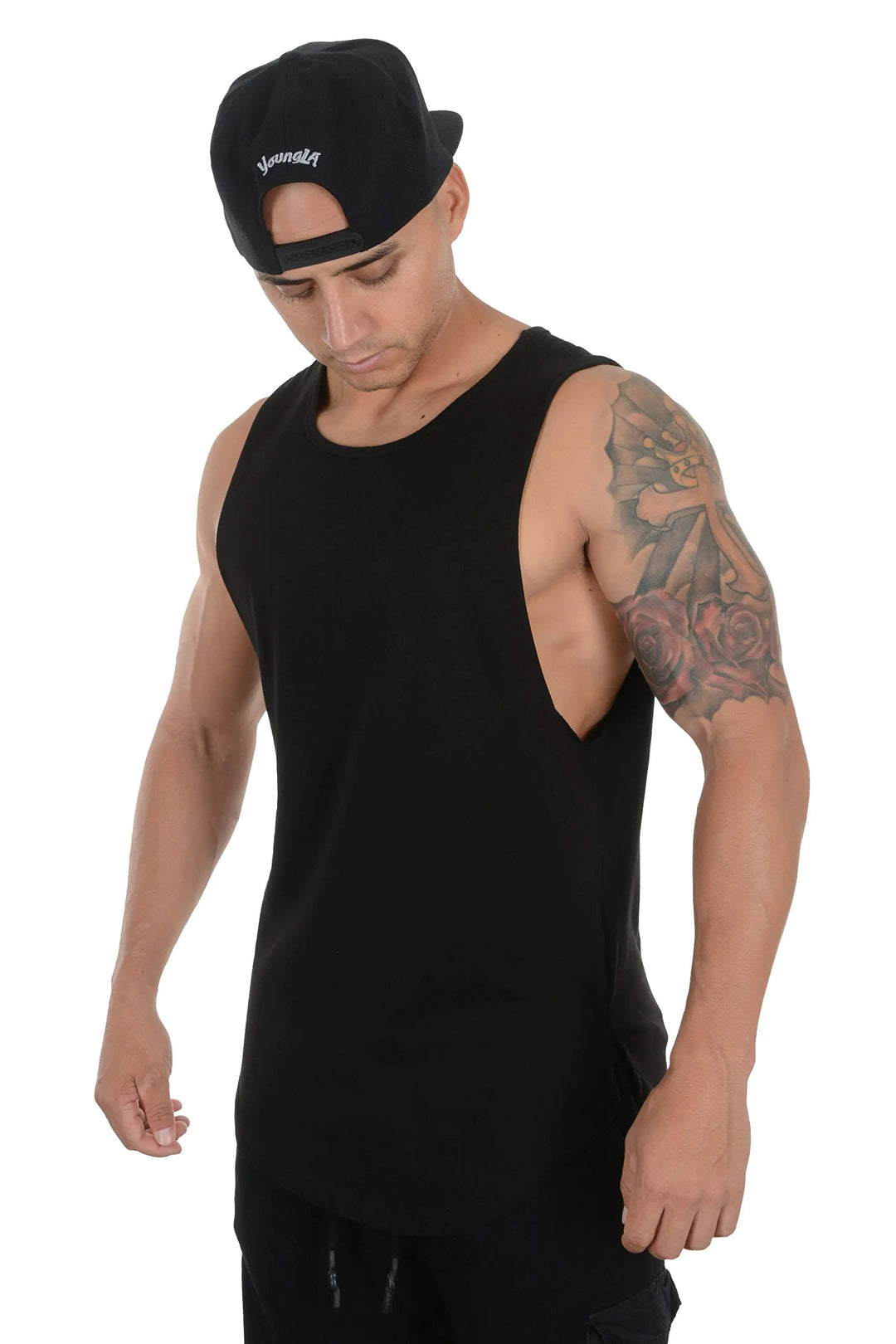 Men’s black YoungLA 308 elongated tank top in medium size, designed for muscle workouts and gym wear with a relaxed fit and athletic cut.