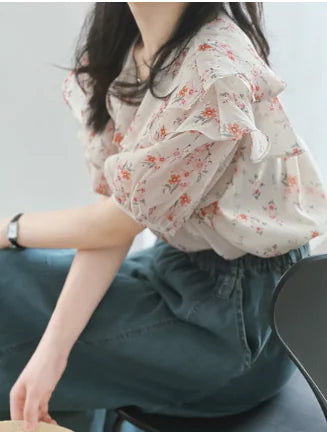New Spring European Style Puff Sleeve Printed Top