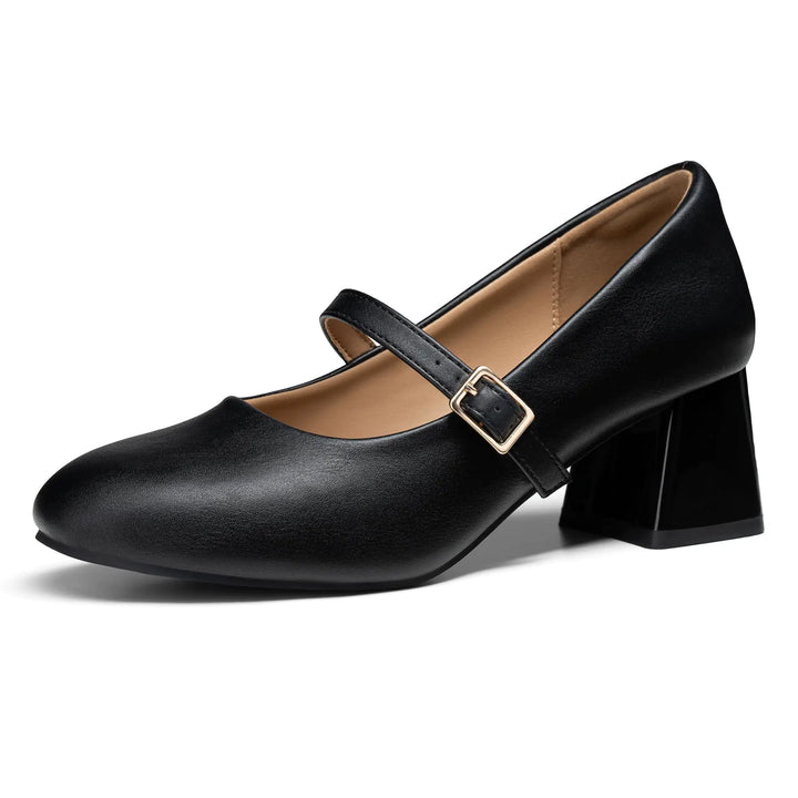 Trary Mary Jane shoes for women in black with closed toe, low block heel, and adjustable strap for dressy or casual wear.