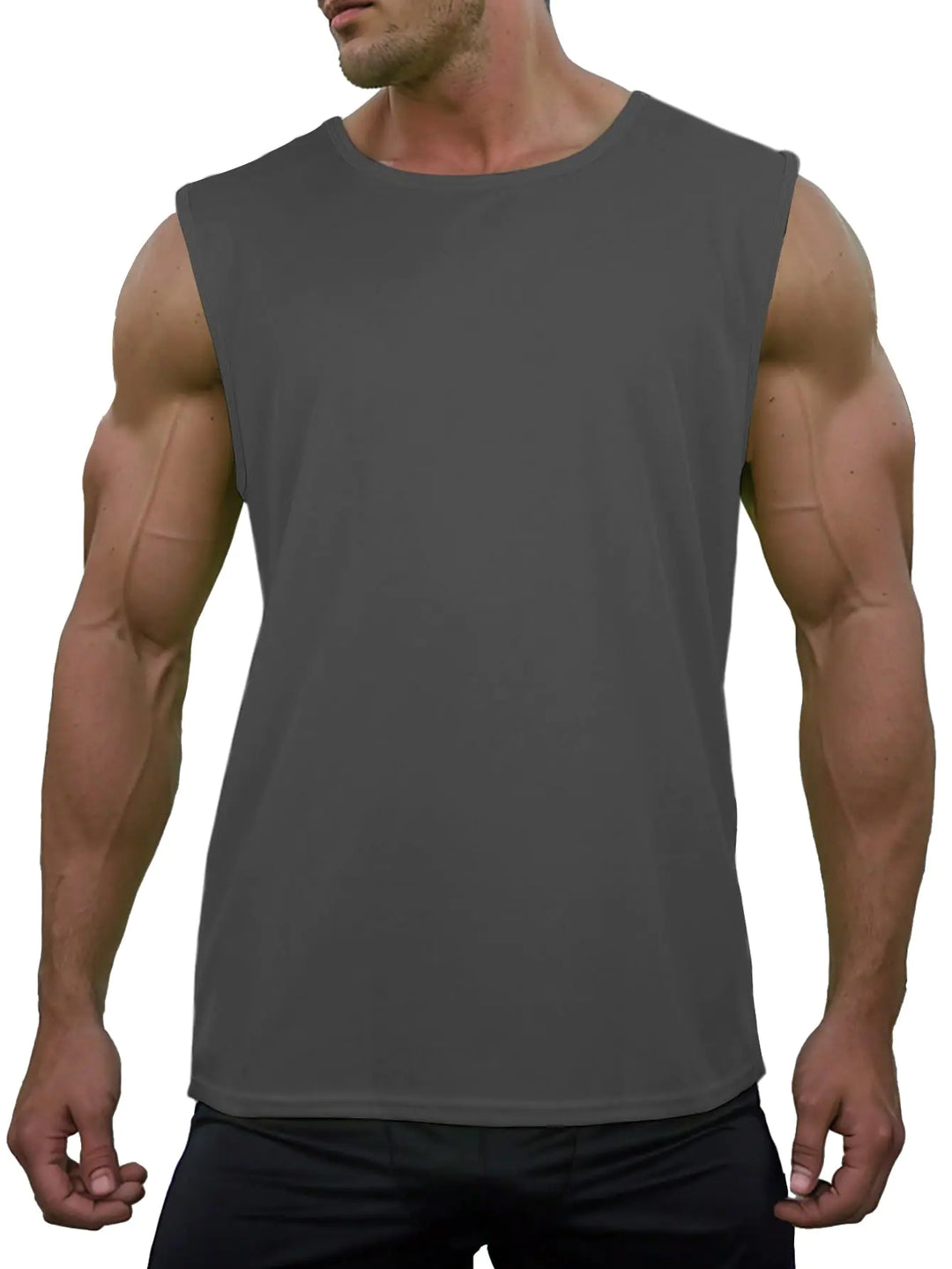Dark grey sleeveless mesh tee top for men, ideal for gym, running, and summer workouts with quick-dry Cool-Dry fabric and 4-way stretch comfort.