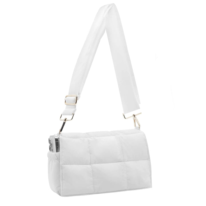 White NAARIIAN puffy crossbody handbag featuring a padded, zipperless design with detachable strap, perfect designer dupe hobo tote for women.