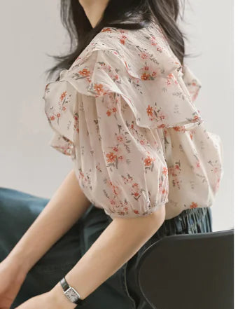 New Spring European Style Puff Sleeve Printed Top