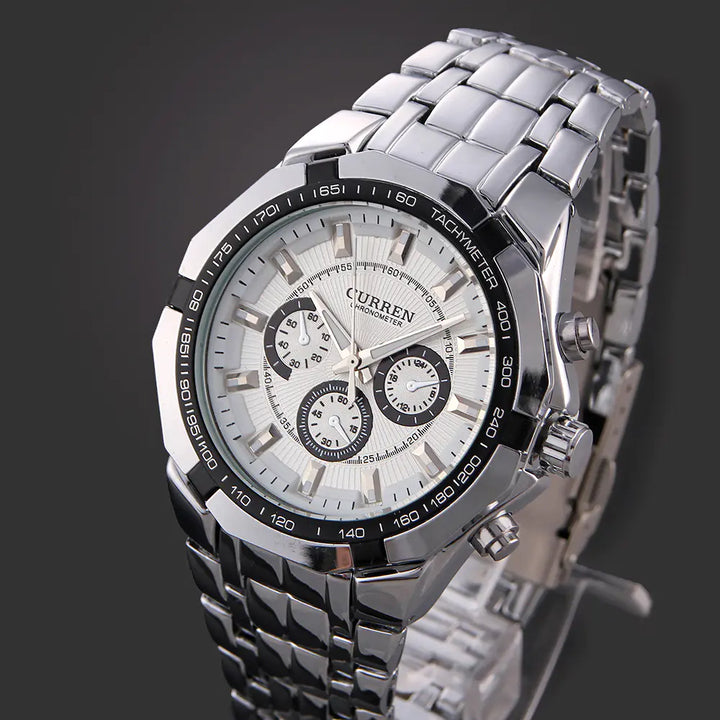 CURREN 8084 Men's Business Quartz Steel Watch with white dial and black bezel, stainless steel strap, and elegant chronograph layout.
