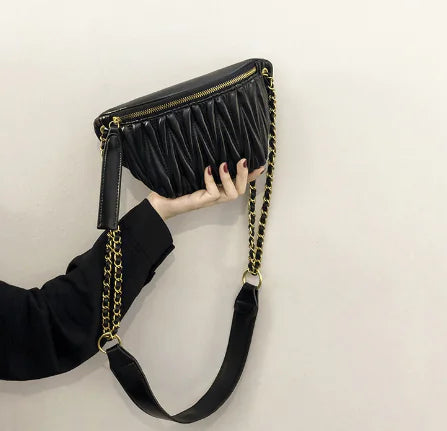 Black Luxury Designer Women's Leather Shoulder Bag with gold chain strap and textured finish, perfect for chic and versatile everyday use.