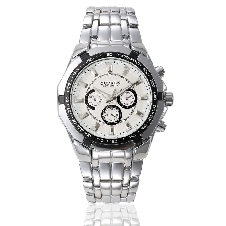 CURREN 8084 Men's Business Quartz Steel Watch with white face and black bezel, featuring three subdials and a sleek silver metal band.