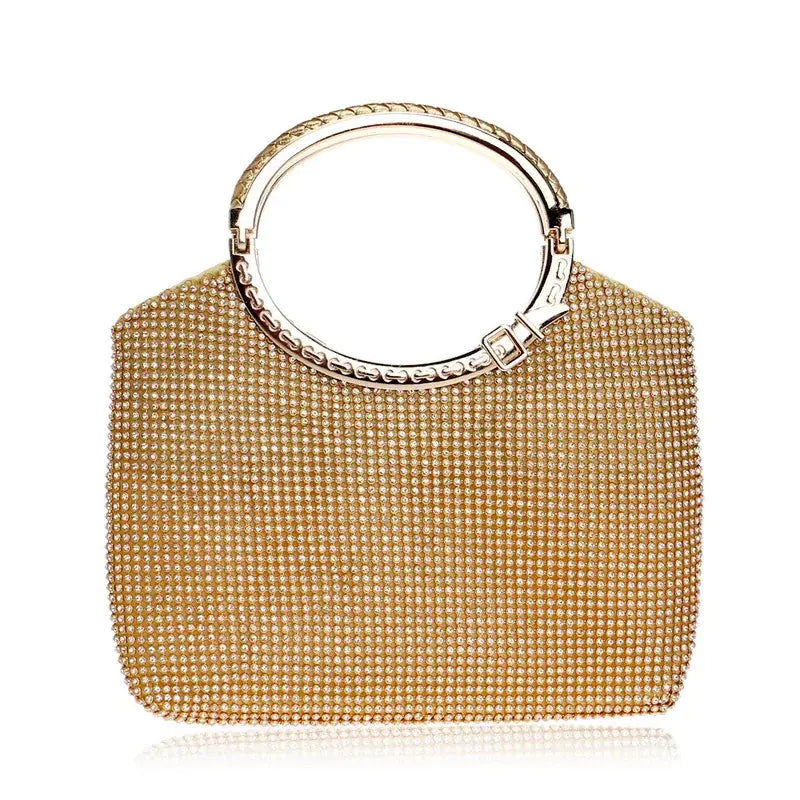 Luxury gold evening bag for women with crystal embellishments and a round metal handle, perfect for formal events and banquets.