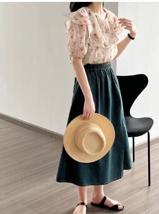New Spring European Style Puff Sleeve Printed Top