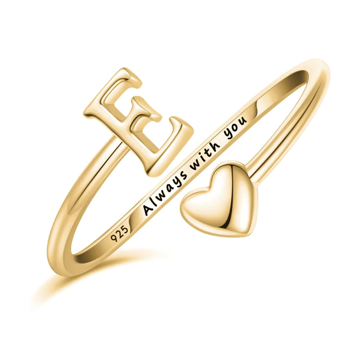 Ritach Initial Rings for Women featuring letter E and heart design in 14K gold-plated sterling silver with 'Always with you' engraving.