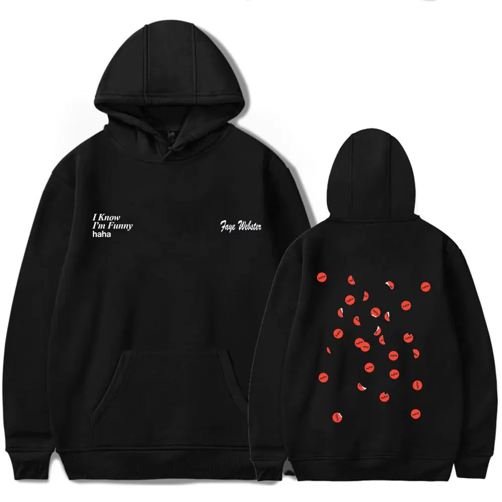Unisex winter sweatshirt by ZEALZRZSE, Faye Webster I Know Im Funny haha design, black hoodie with long sleeves and bold back print in XX-Large.