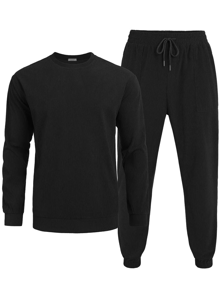 COOFANDY mens tracksuit 2 piece set in black featuring a long sleeve pullover and jogger pants with drawstring waist, ideal for casual fitness wear.