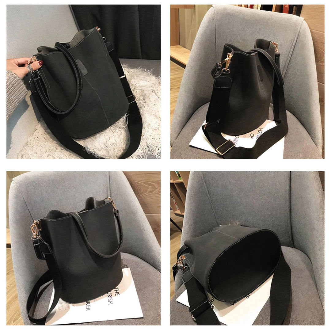 Blake Shoulder Bag -Black displayed from multiple angles, highlighting its vegan leather texture, spacious interior, and interchangeable straps.