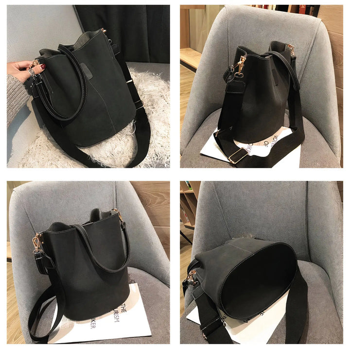 Blake Shoulder Bag -Black displayed from multiple angles, highlighting its vegan leather texture, spacious interior, and interchangeable straps.